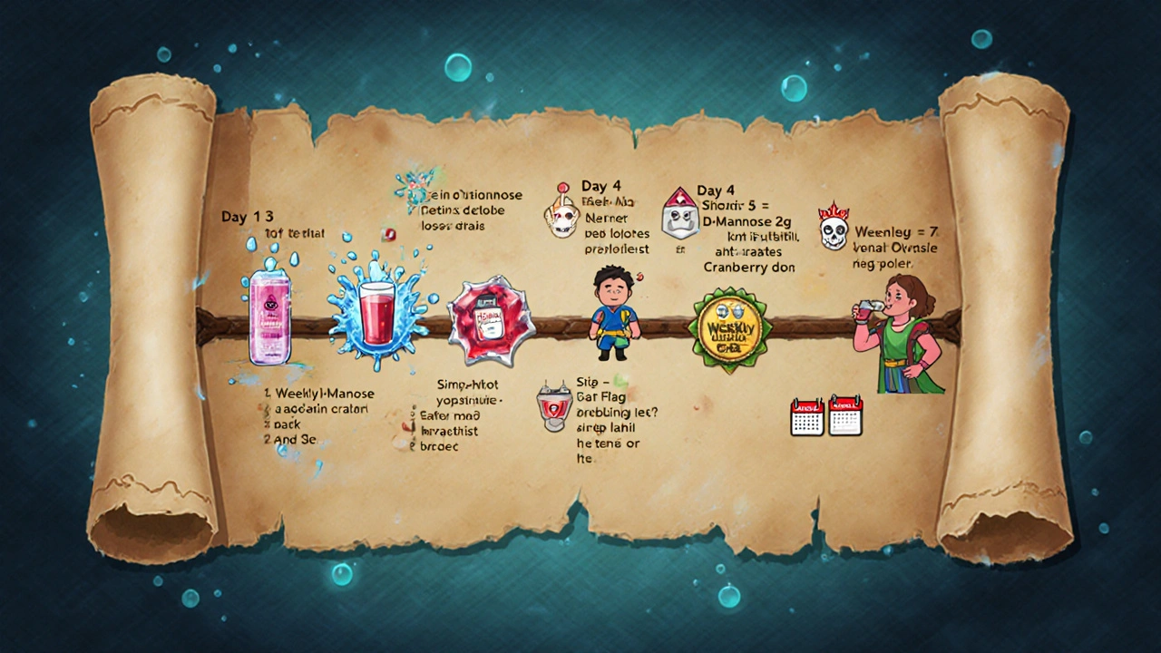 7‑day quest map illustrating a cystitis treatment plan and red‑flag warnings.