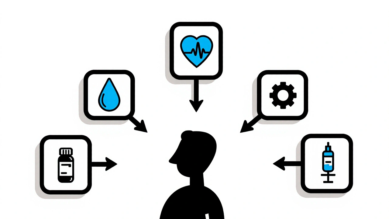 Abstract figure with three arrows leading to kidney, heart, and IV icons, each followed by medication symbols.