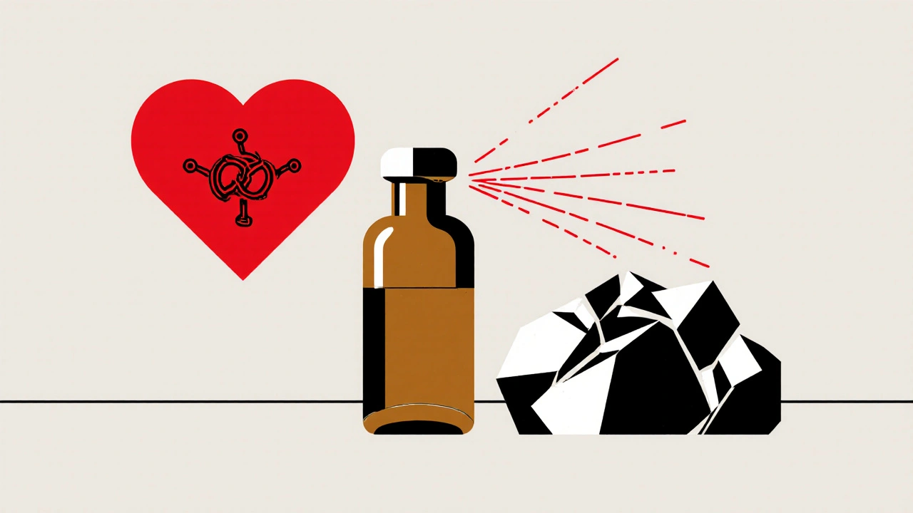 Amber vial of nitroglycerin beside heart and rock in geometric design
