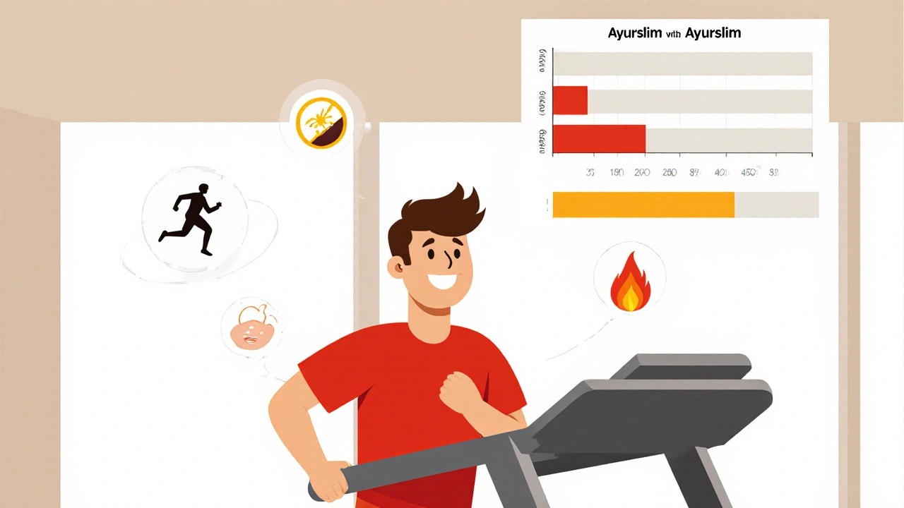 Beginner running on a treadmill with floating icons showing appetite control, energy, and thermogenesis.
