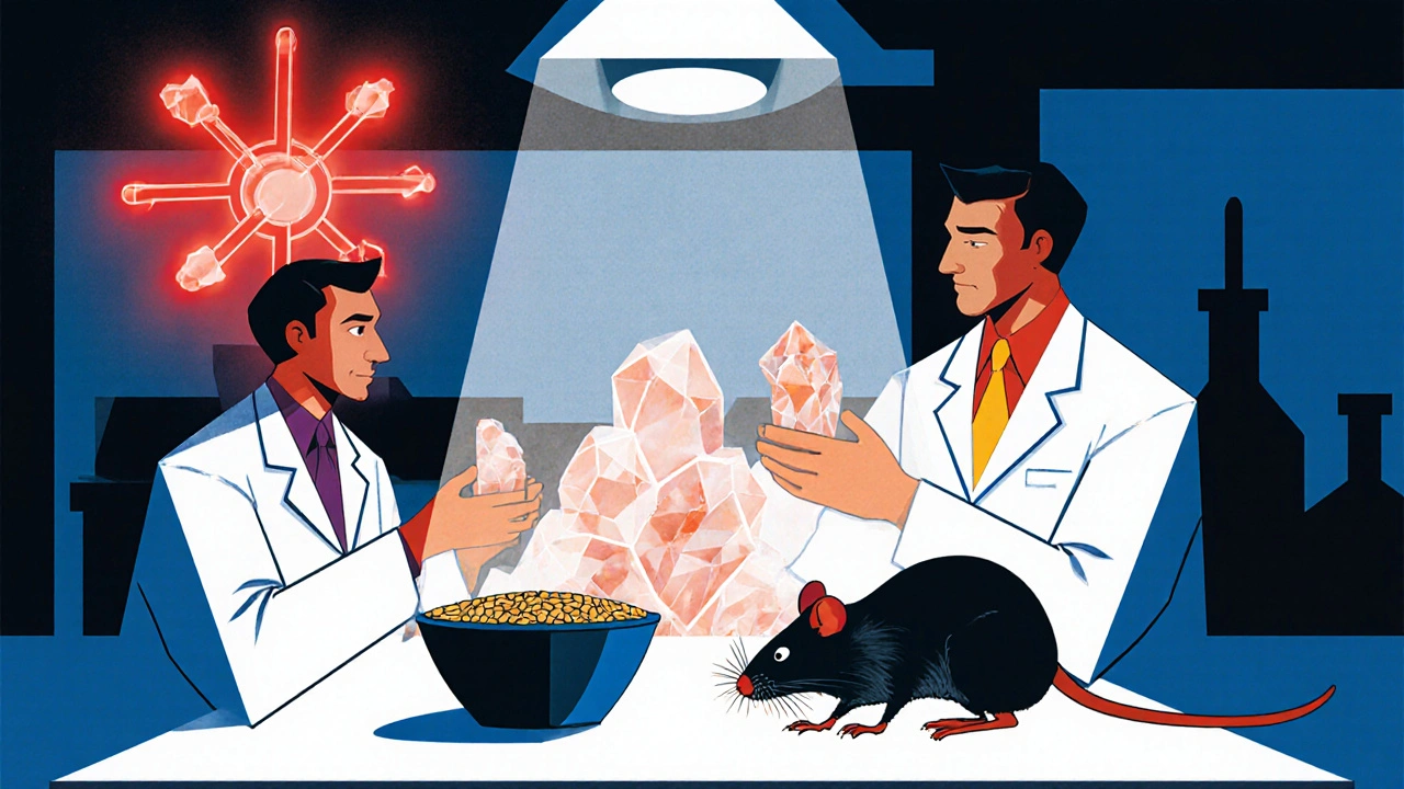 Chemists synthesizing warfarin in a 1940s lab with rat beside poisoned grain and glowing molecule diagram