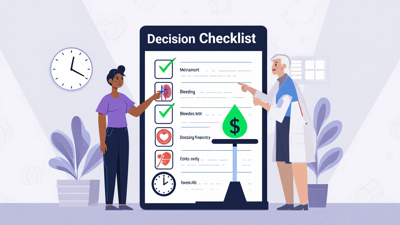 Clinic checklist with icons for kidney, bleeding risk, cost, and dosing, showing Eliquis favored.