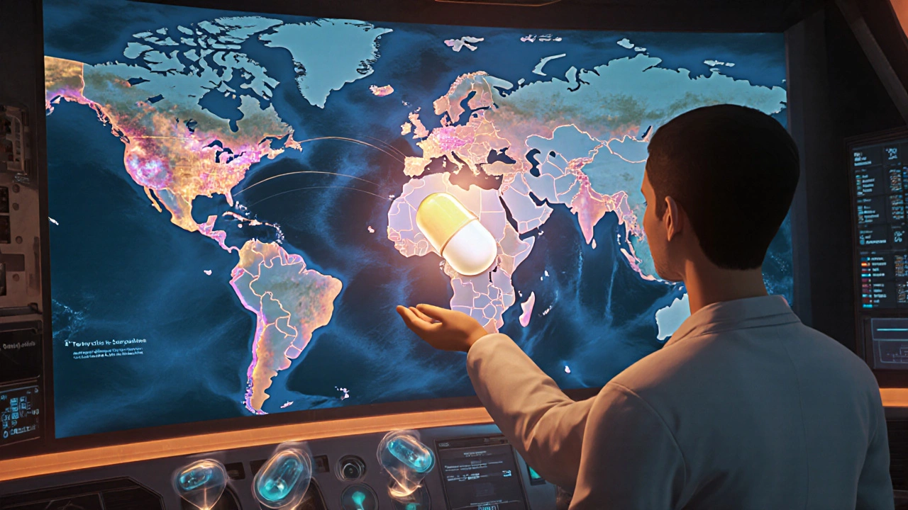 Clinician avatar selecting a glowing capsule against a holographic map of infection zones.