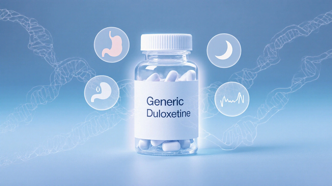 Close‑up of duloxetine bottle with soft icons of side effects floating nearby.