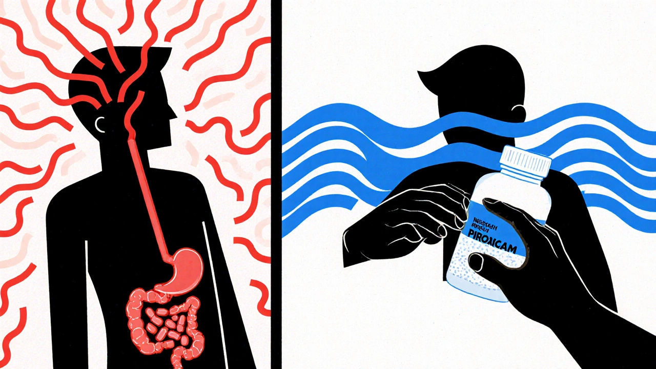 Contrast between oral NSAID side effects and targeted gel relief in minimalist Bauhaus style.
