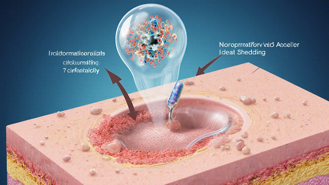 Cross‑section of skin showing shrunken oil gland and fewer bacteria.