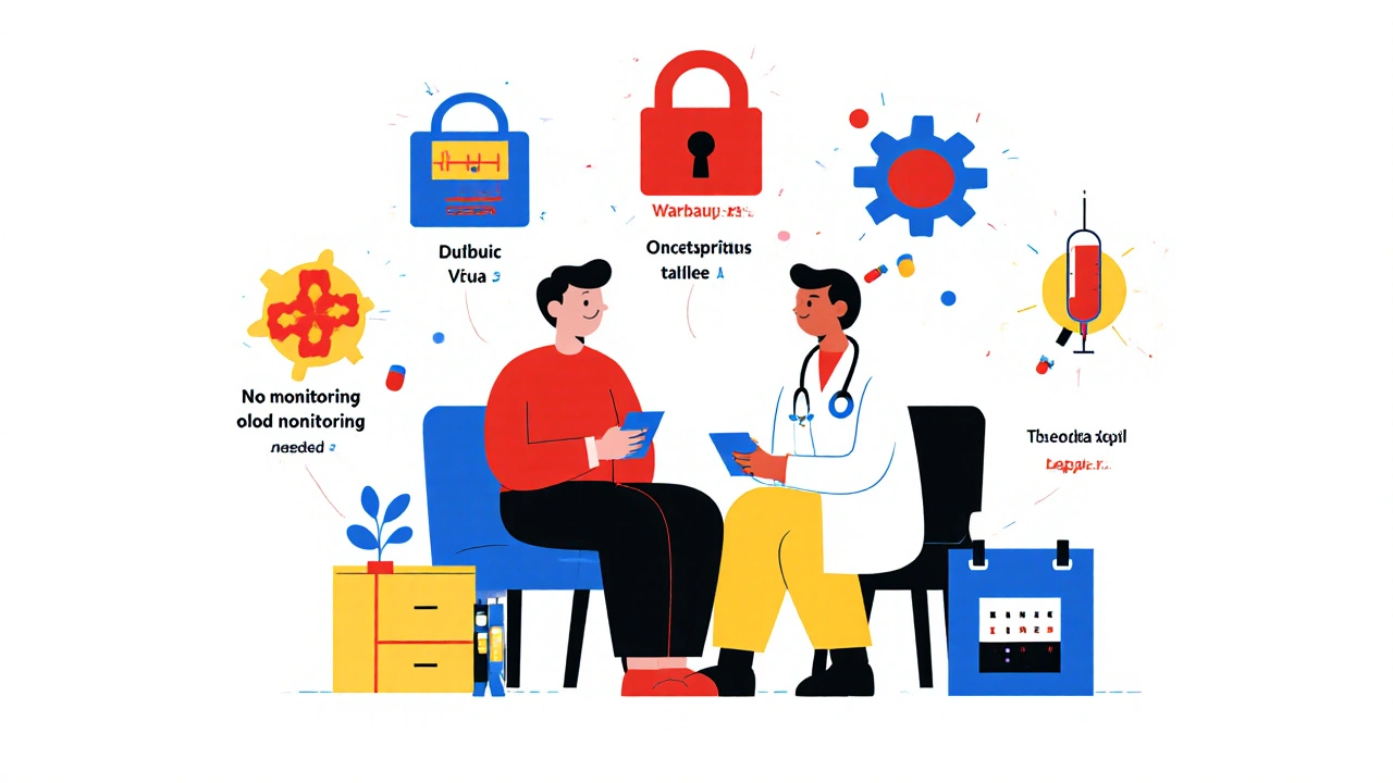 Doctor and patient discuss blood thinners with floating icons for mechanisms and dosing.