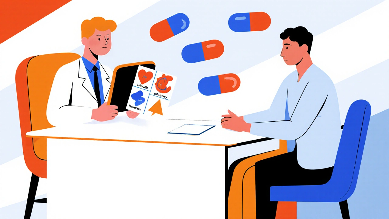 Doctor and patient discuss pain reliever choices, surrounded by floating pill silhouettes and health icons.