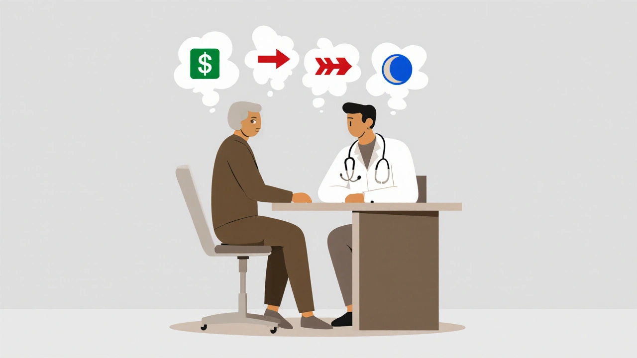 Doctor and patient discussing options, thought bubbles show cost, speed, and night‑time relief icons.