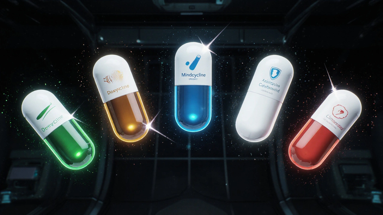 Five glowing pill icons with distinct colors and particle effects representing antibiotic options.