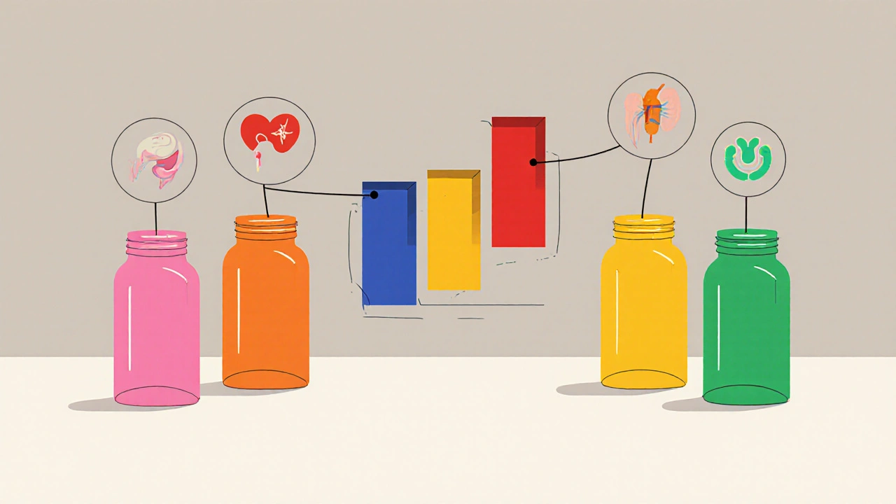 Five pill bottles with icons for GI, heart, and kidney risks arranged on a table in geometric cartoon style.