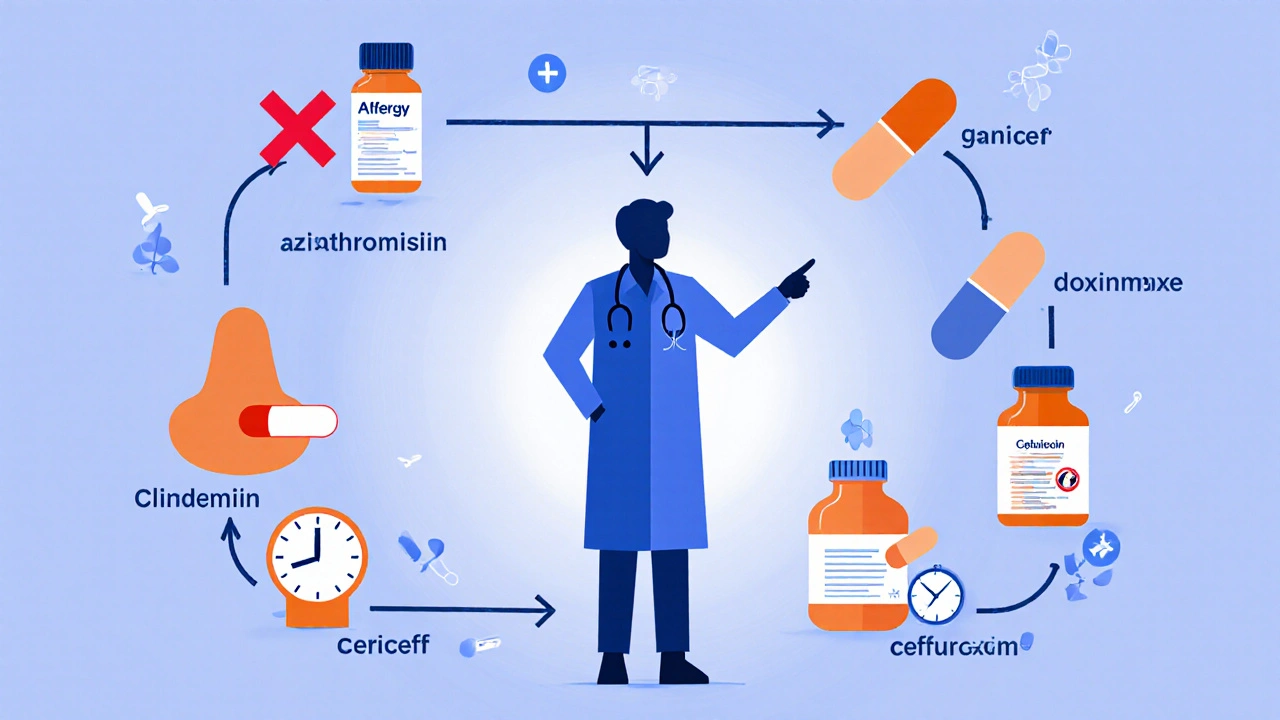 Flow diagram showing antibiotic choices based on allergies and bacteria.