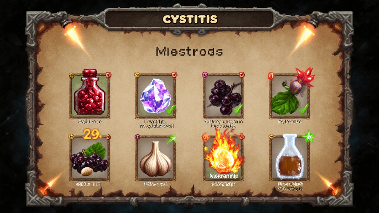 Game inventory showing cranberry, D‑Mannose, probiotics, and other remedies with dosage info.