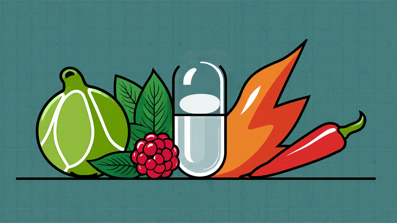 Geometric illustration of Ayurslim ingredients: fruit, tea leaves, raspberry, and capsicum around a capsule.