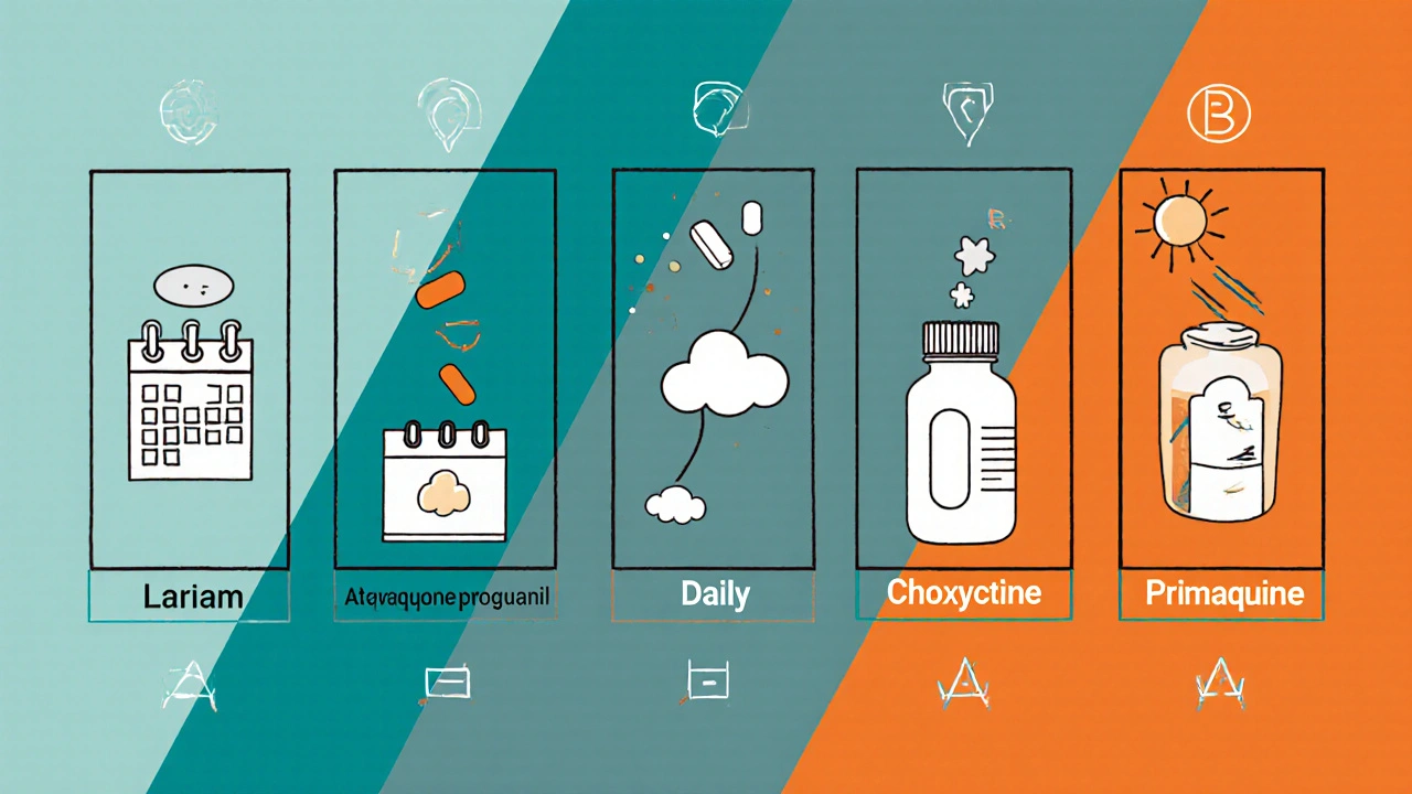 Grid illustration compares five malaria prophylaxis drugs with icons and symbols.