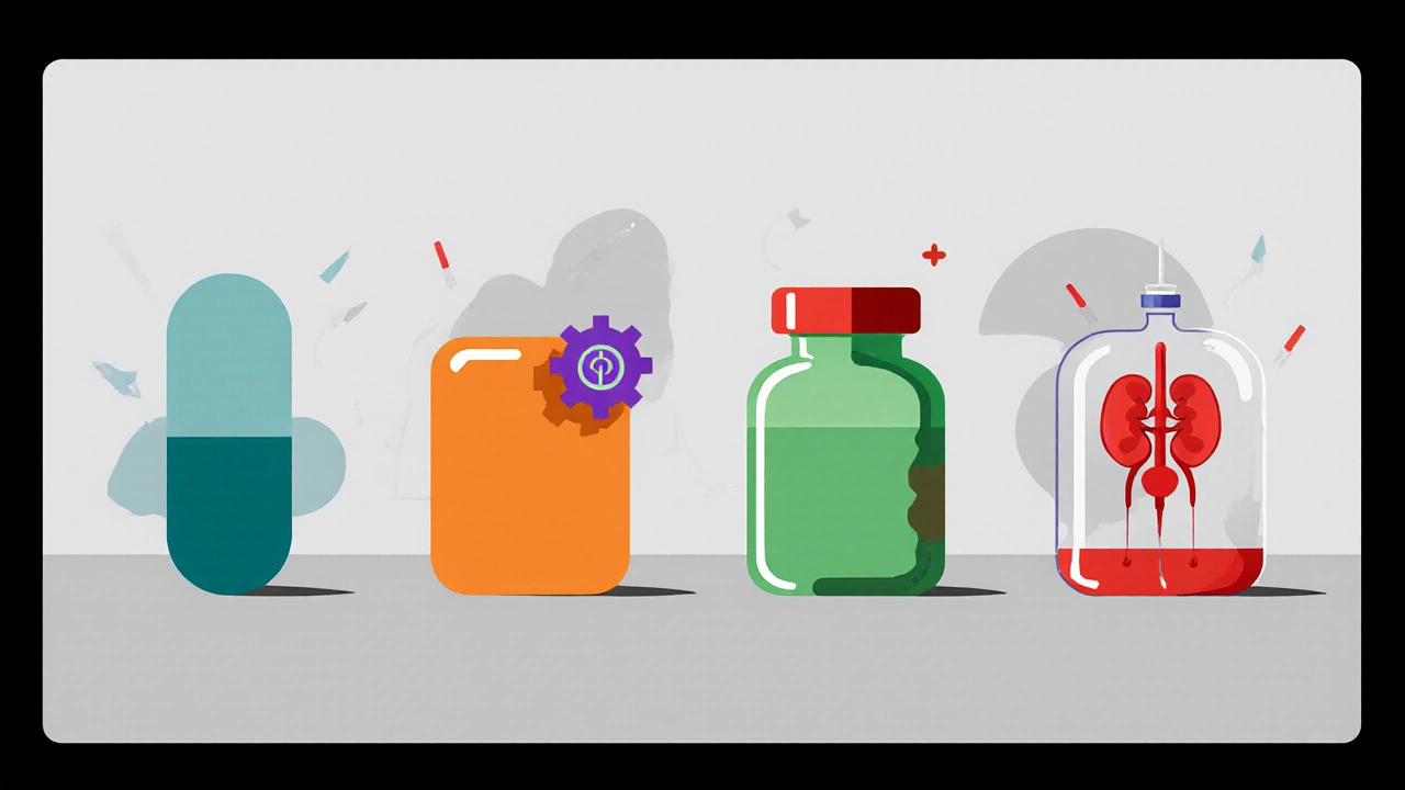 Grid of five stylized objects representing gout drugs: pills, kidney vial, gear, and IV bag on abstract shapes.