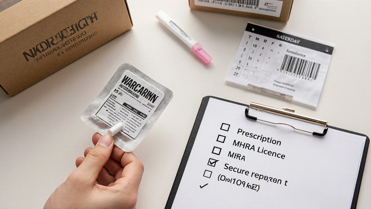 Hand assembling warfarin pack, checklist, shipping box, and INR test strip for safe purchase.