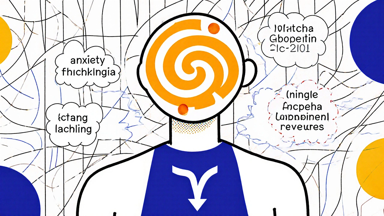 Human figure with labeled symptoms being calmed by a geometric gabapentin wave symbol.
