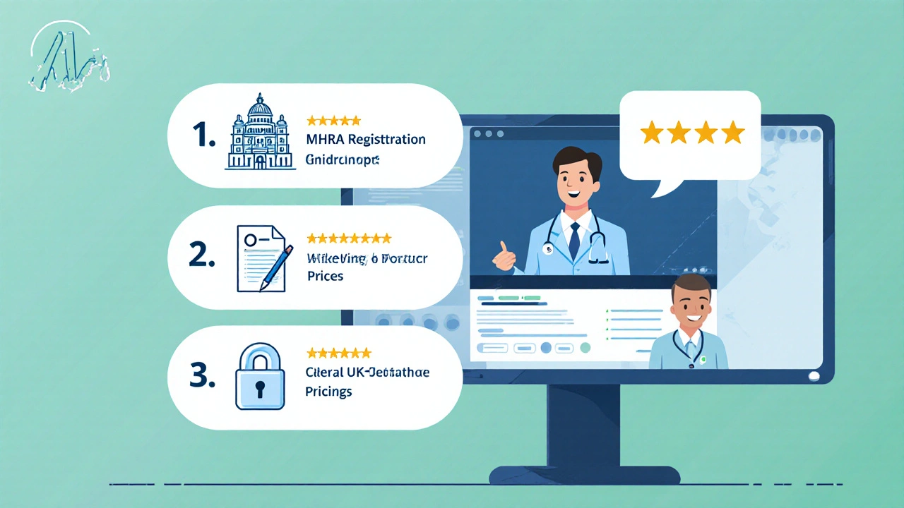 Illustrated checklist showing five signs of a legitimate pharmacy with a doctor video call in the background.