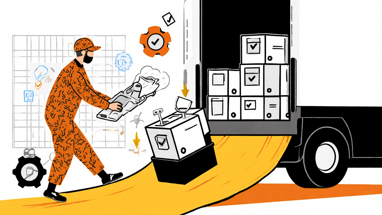 Illustrated loading of insulated containers with data loggers onto a refrigerated van.