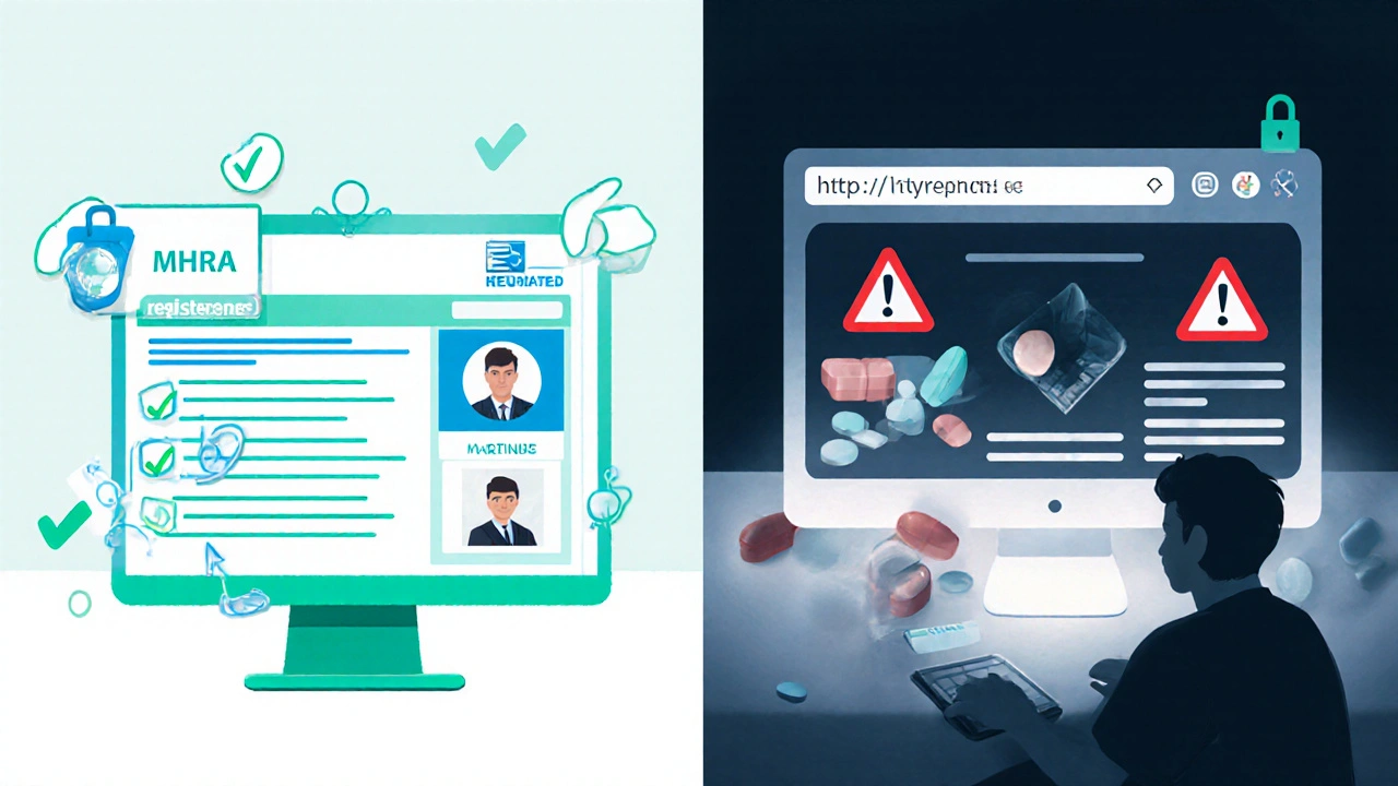 Illustration comparing a legitimate MHRA‑registered pharmacy with a shady unregulated site.