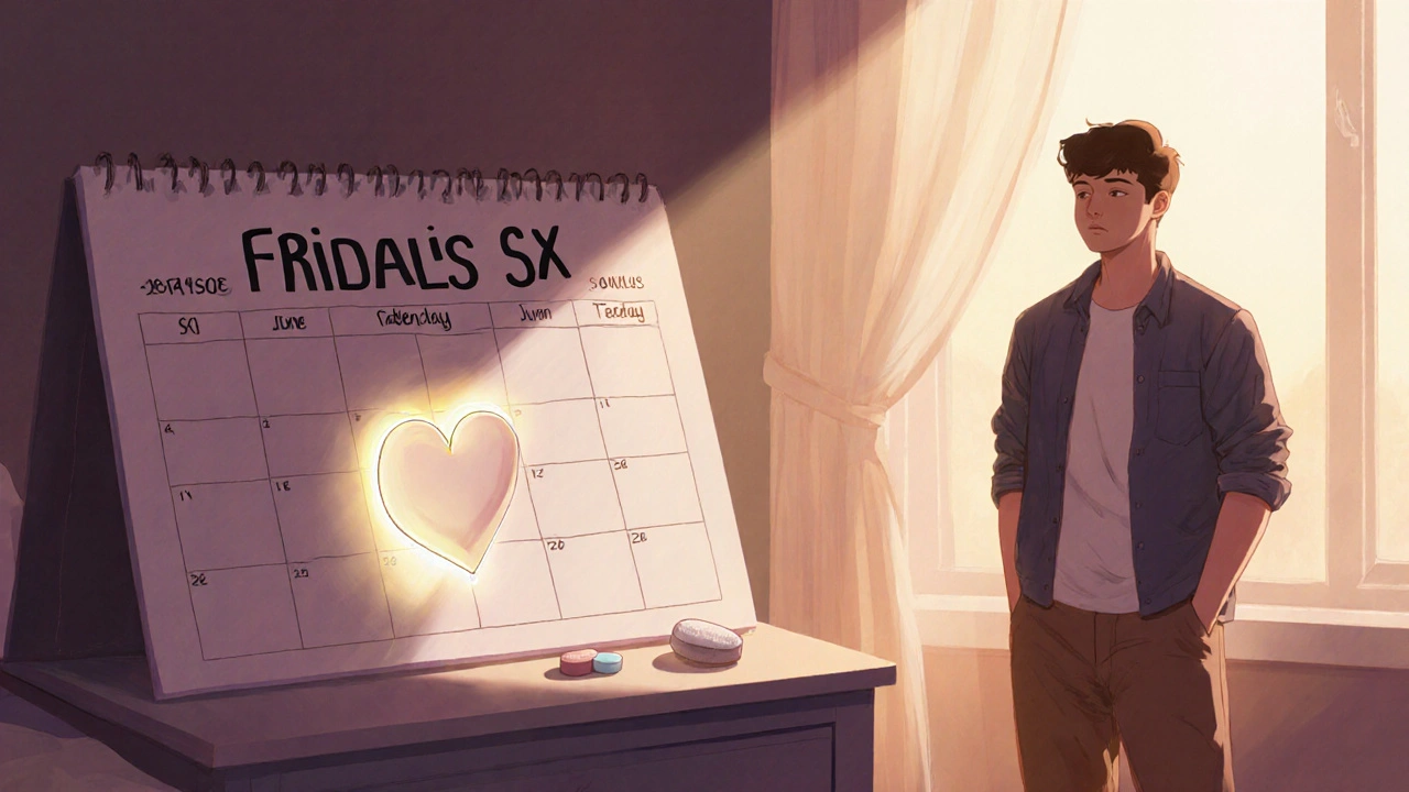 Man beside a weekend calendar with a Tadalis SX tablet on Friday.