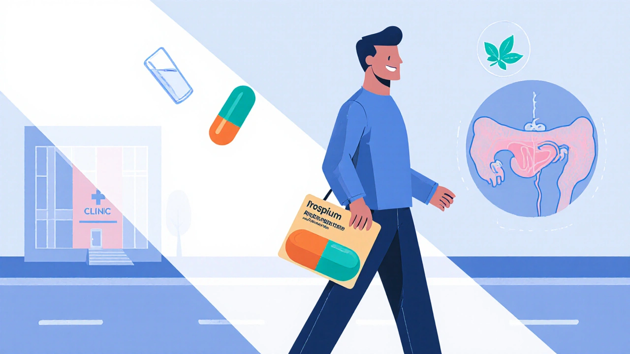 Man walking confidently holding a combined Trospium/alpha‑blocker pill, with simplified bladder‑prostate illustration.