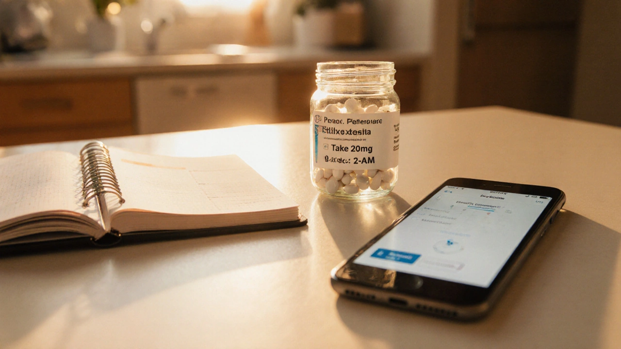 Morning kitchen scene with fluoxetine tablets, a planner reminder, and a phone tracking a delivered parcel.