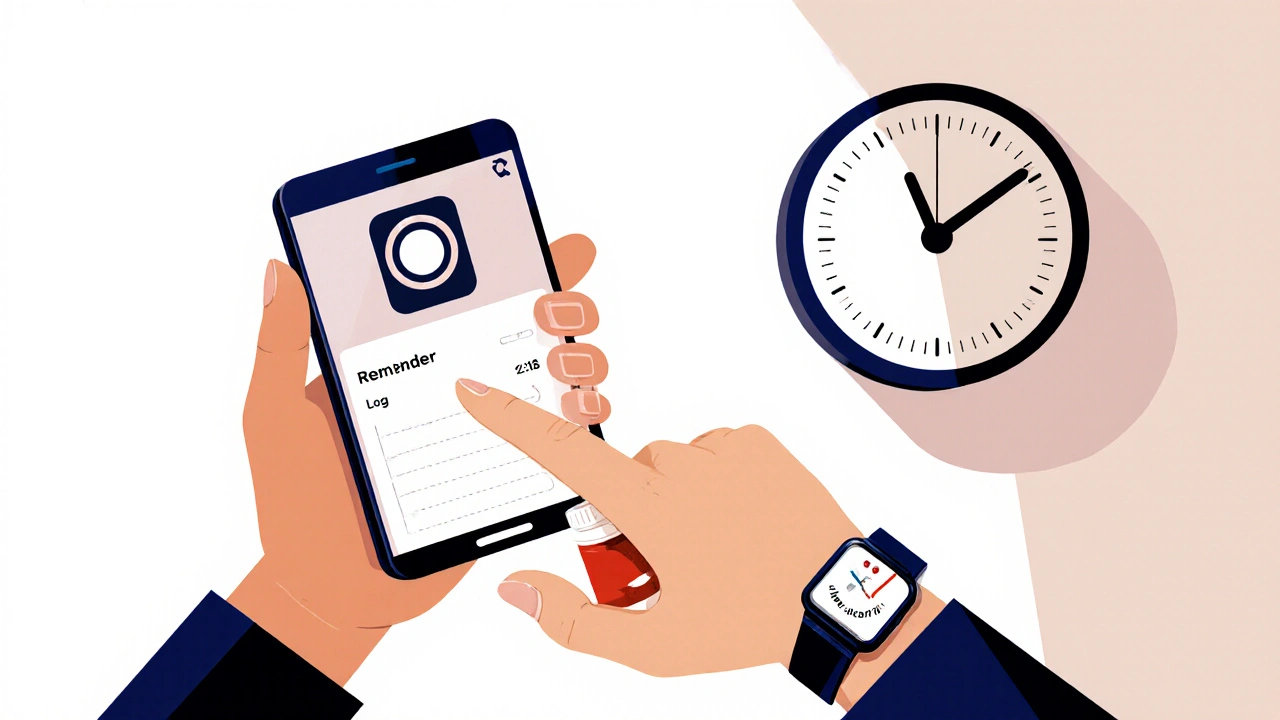 Morning routine with smartphone reminder, smartwatch alert, and pill bottle in Bauhaus style.