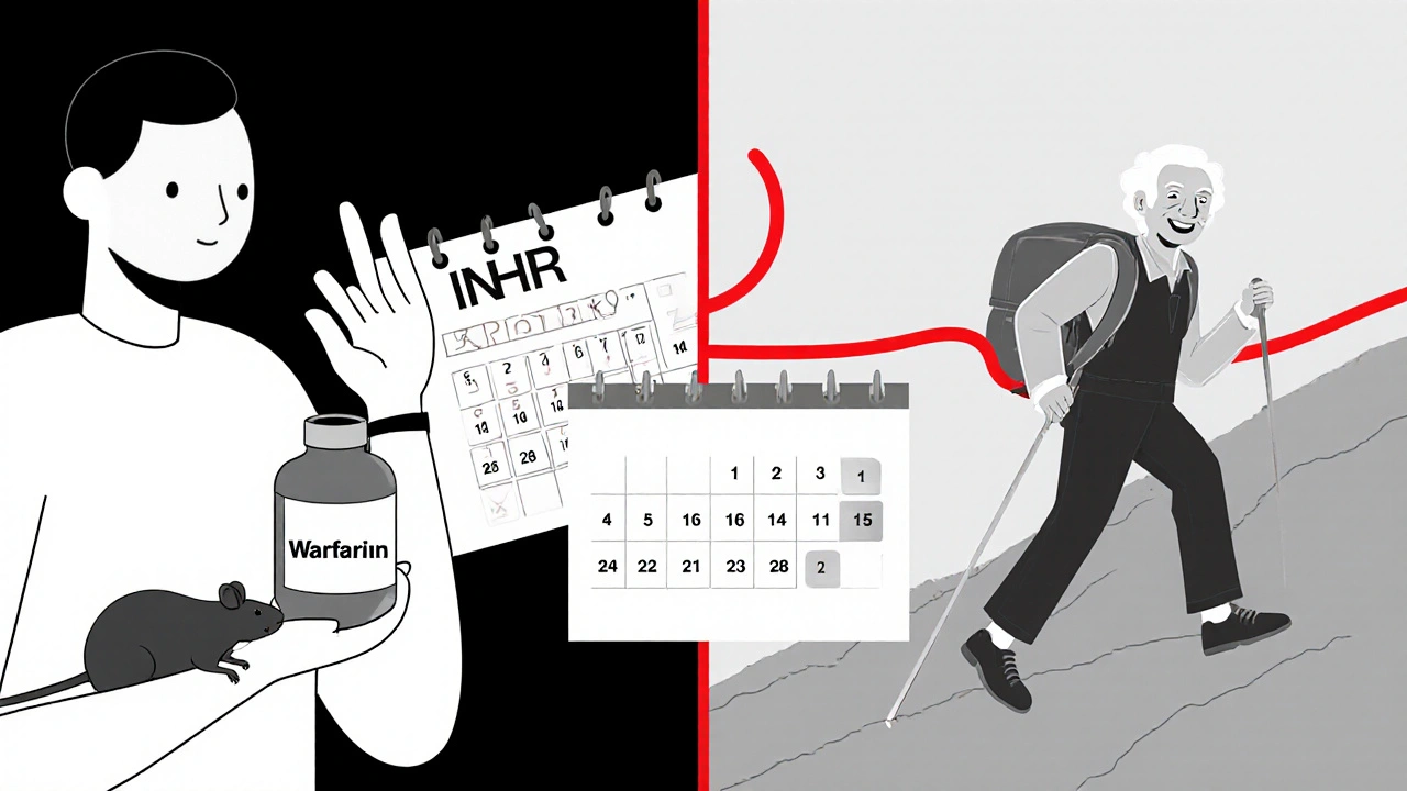 Patient with warfarin bottle beside calendar, split background of rat and hiker connected by red blood line