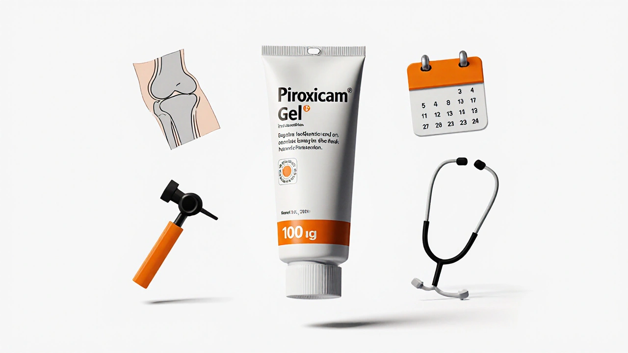Piroxicam gel tube surrounded by icons representing arthritis relief, usage, and medical guidance.