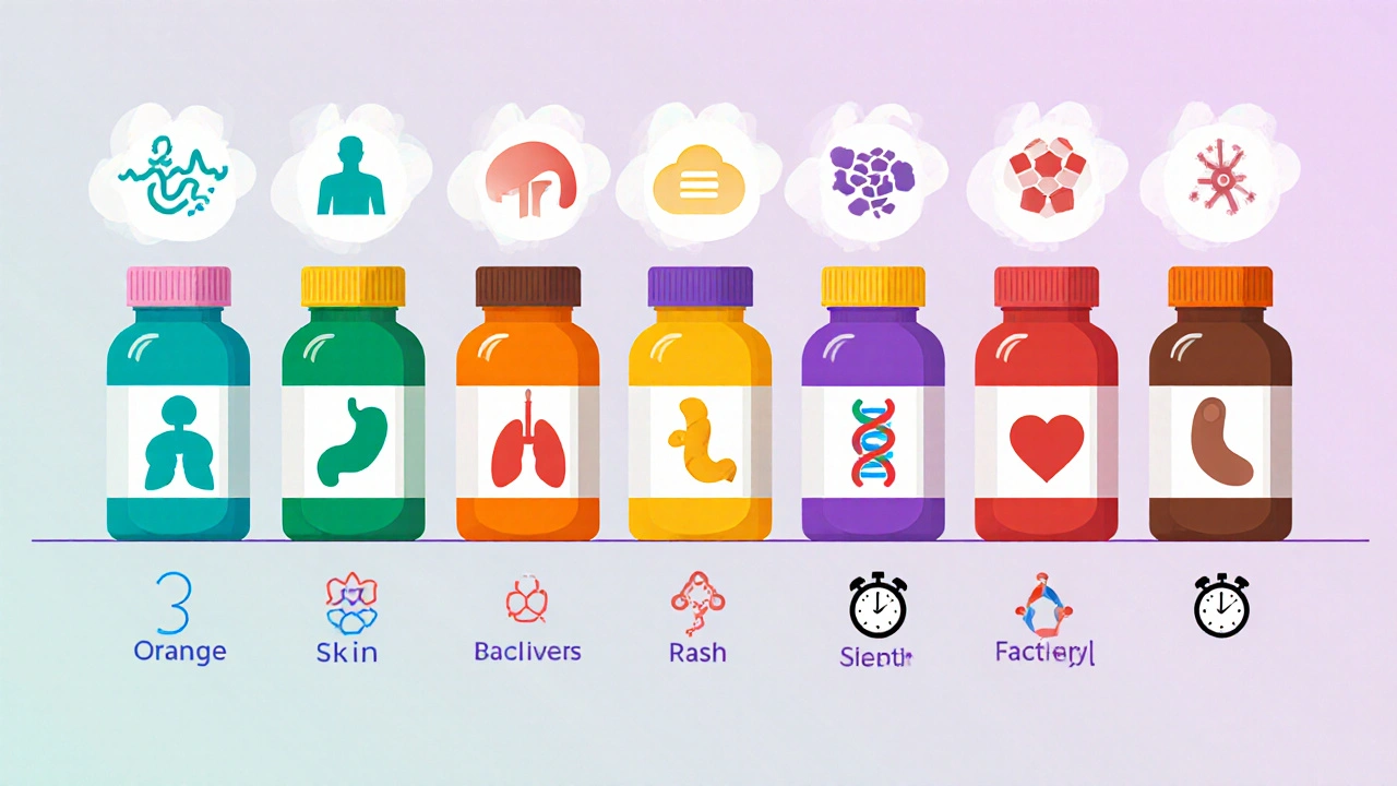 Row of eight pill bottles each with icons for infection type and side effects.