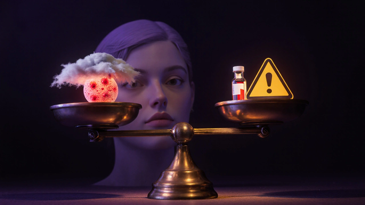 Scale balancing acne icons against pill bottle and blood test tube.