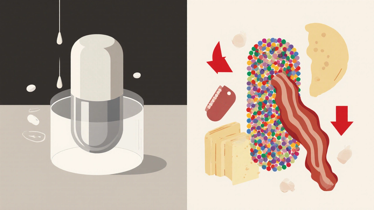 Side‑by‑side illustration of OROS tablet releasing steadily and bead‑based tablet slowed by a fatty breakfast.