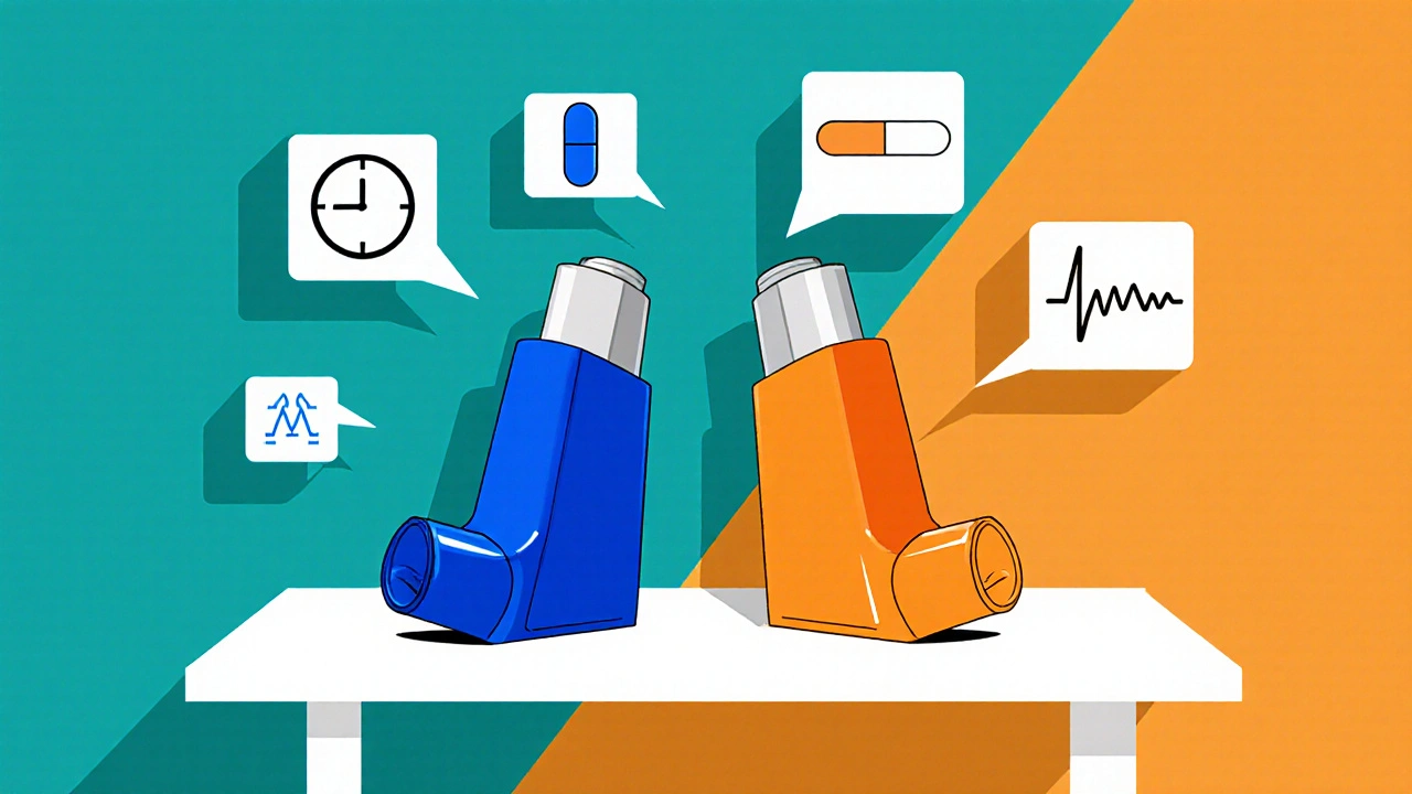 Side-by-side illustration of Terbutaline and Albuterol inhalers with dosage icons.