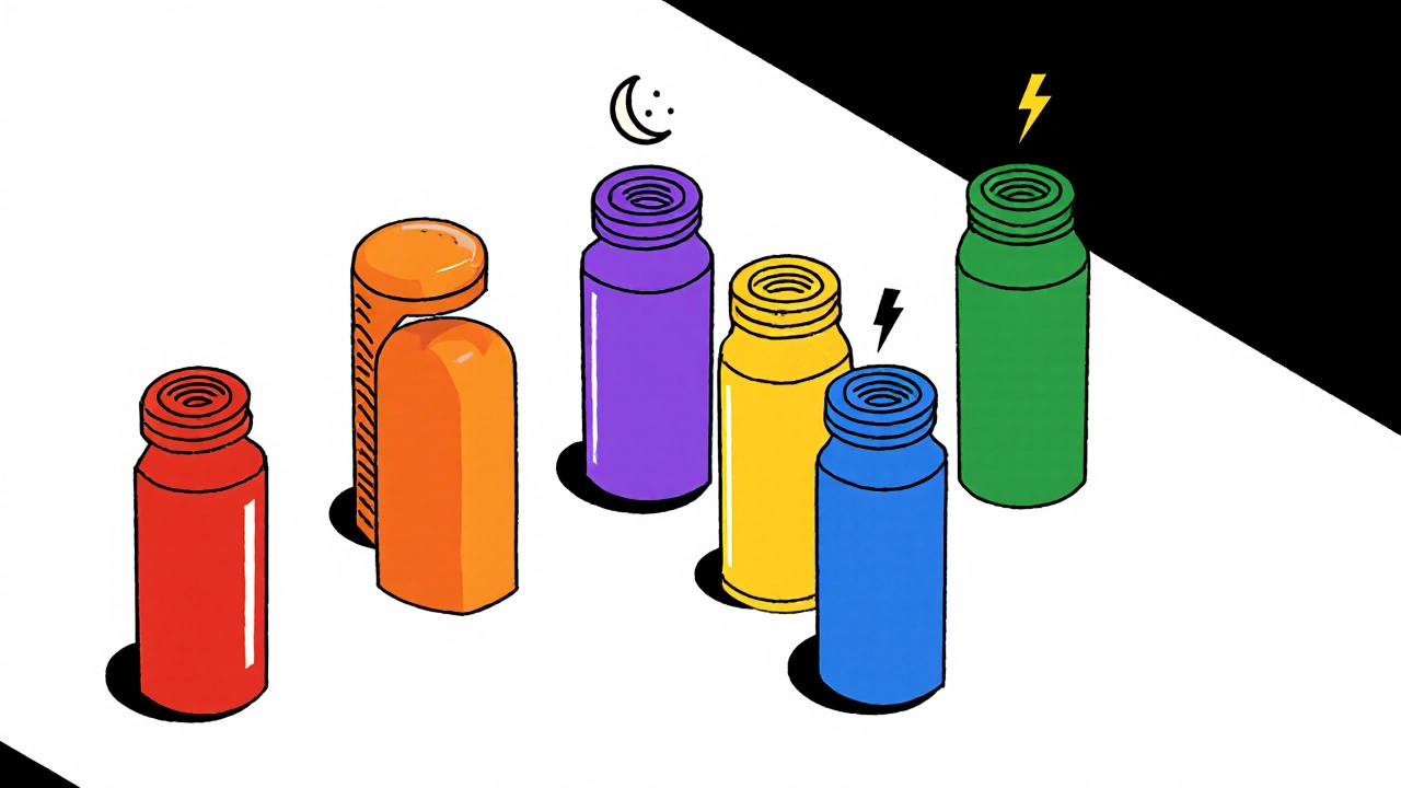 Six colorful geometric pill bottles arranged in a grid, each with a symbolic icon above.