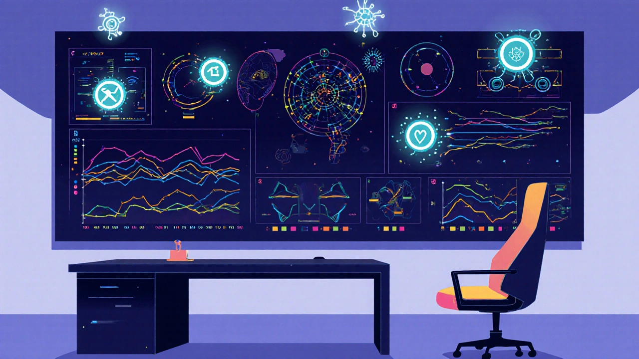 Stylized digital dashboard with IoT sensors and AI analytics monitoring cold‑chain for favipiravir.