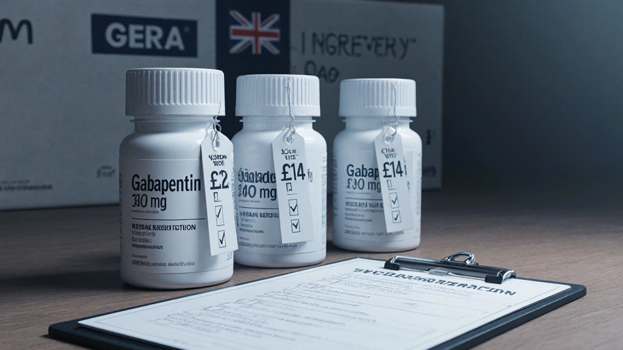 Three gabapentin bottles with price tags and a checklist for reputable pharmacy criteria.