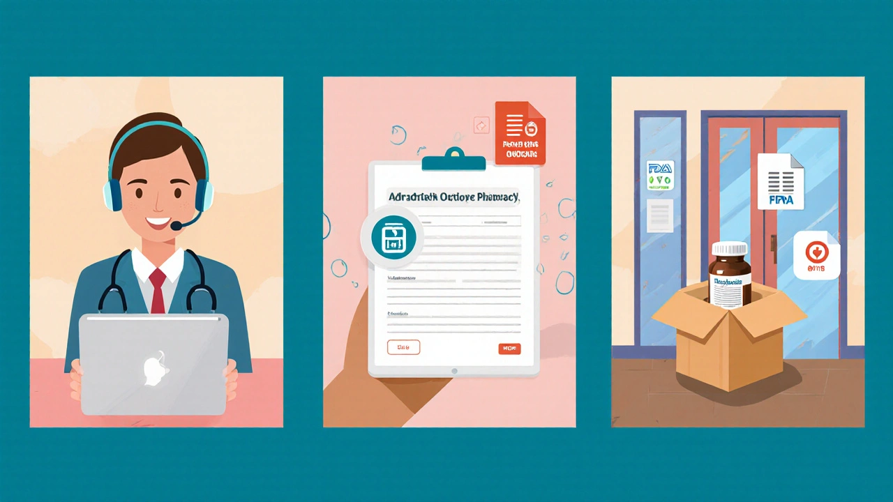 Three‑panel illustration of telehealth visit, prescription upload, and delivery box.