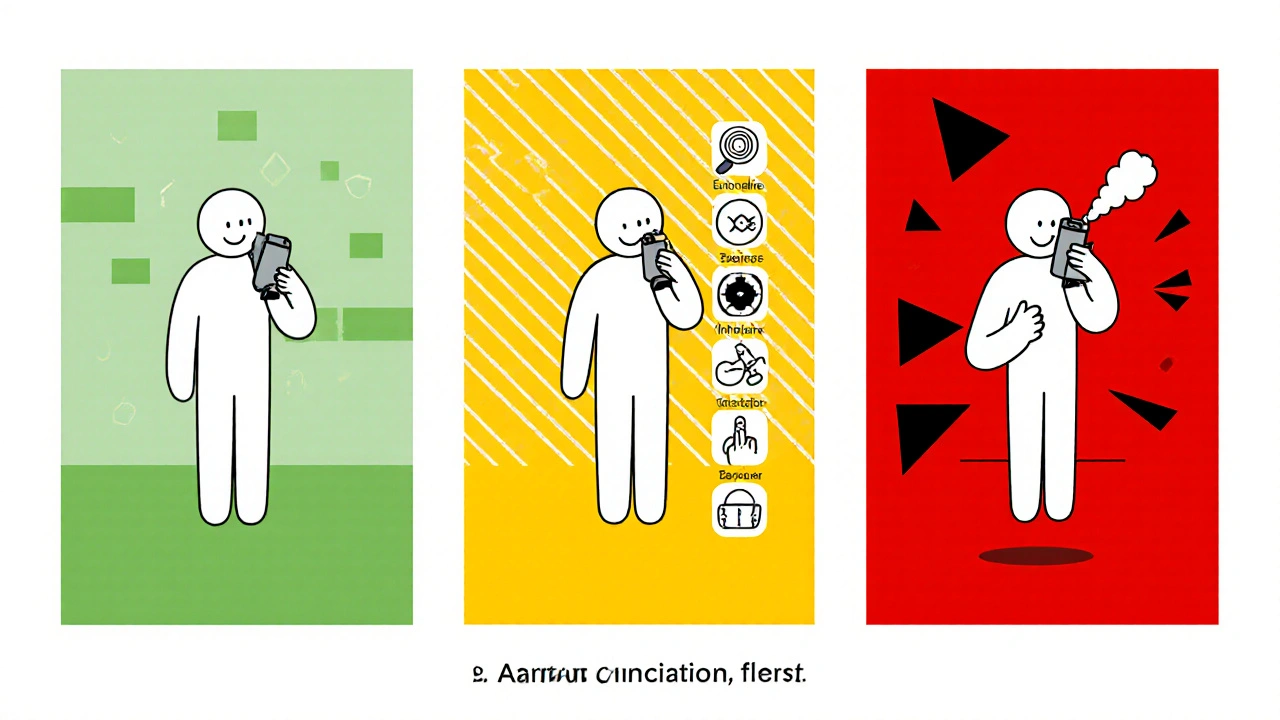 Three panels showing green, yellow, and red asthma action zones with inhaler use.