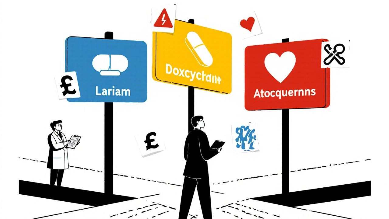 Traveler at crossroads decides between Lariam, Doxycycline, and Atovaquone‑proguanil.