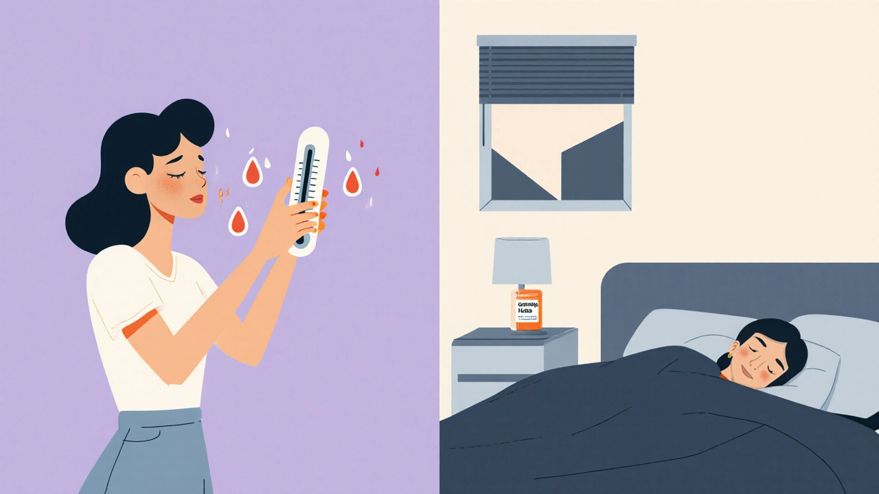 Woman sleeping peacefully beside a pill, representing gabapentin's relief from hot flashes.