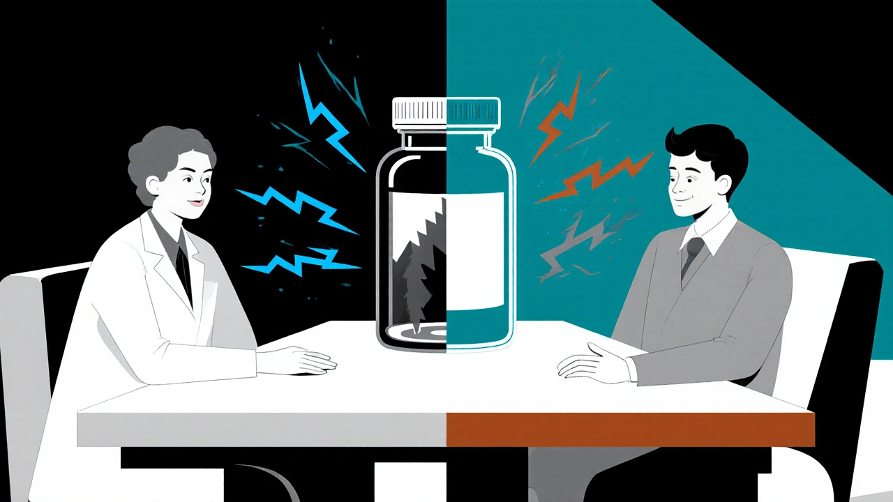 A doctor and patient with a pill bottle splitting into positive and negative energy paths, geometric design.