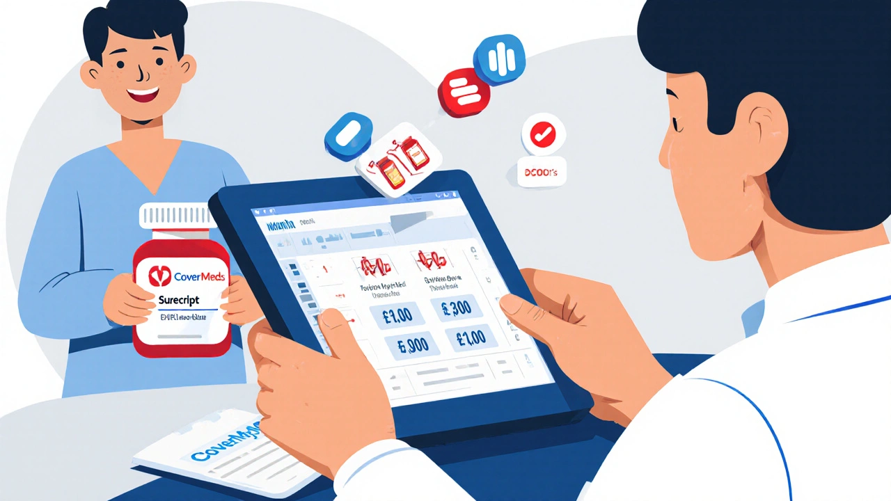 A doctor using a tablet to check drug prices for a patient, with digital cost icons nearby.