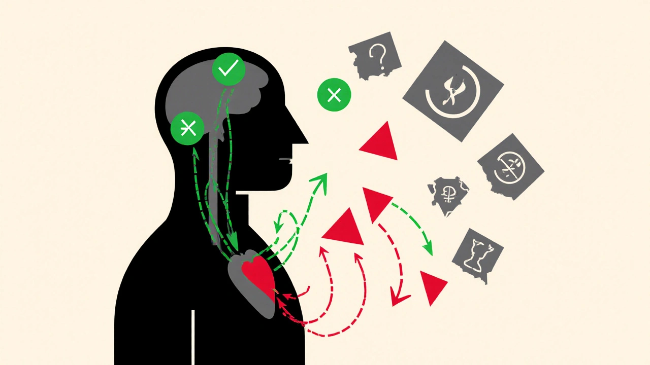 A stylized human body with abstract green and red pathways showing medical benefits and fear-induced symptoms.