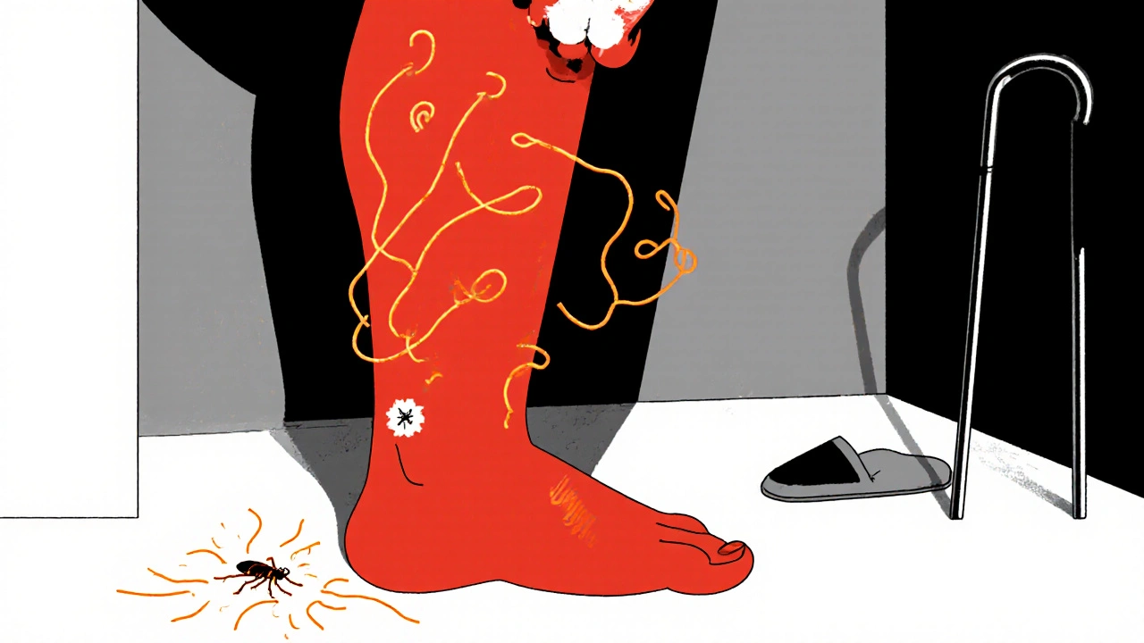 An elderly man with a rapidly spreading red, swollen leg and a concerned expression.