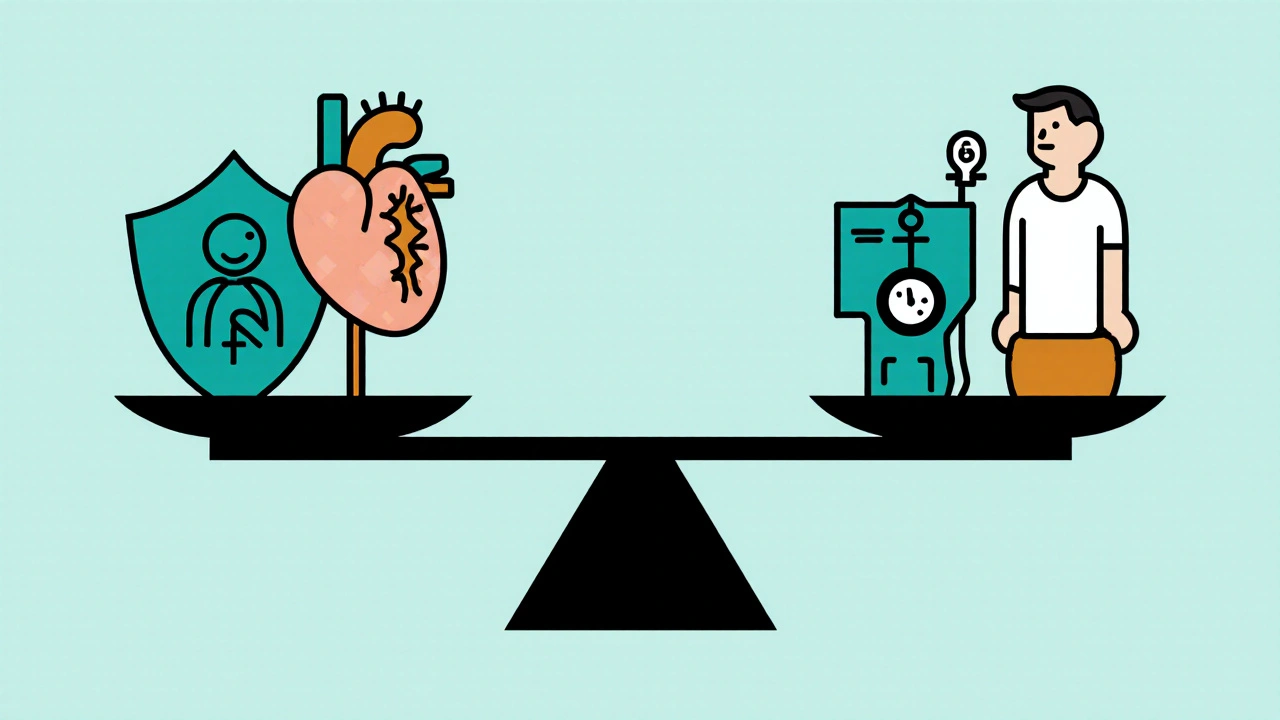 Balanced scale with heart and kidney on one side, dehydration and low blood pressure symbols on the other.