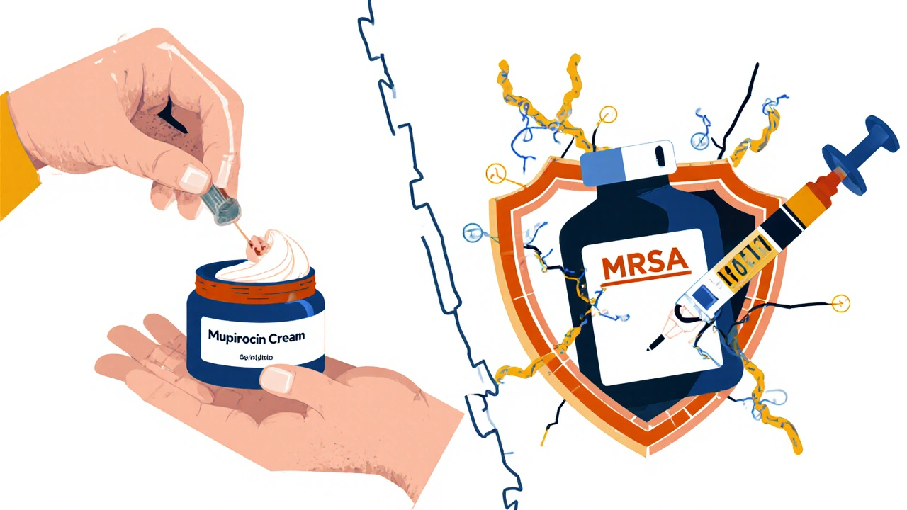 Contrasting treatments for skin infection: topical cream vs. oral antibiotics with MRSA symbols.