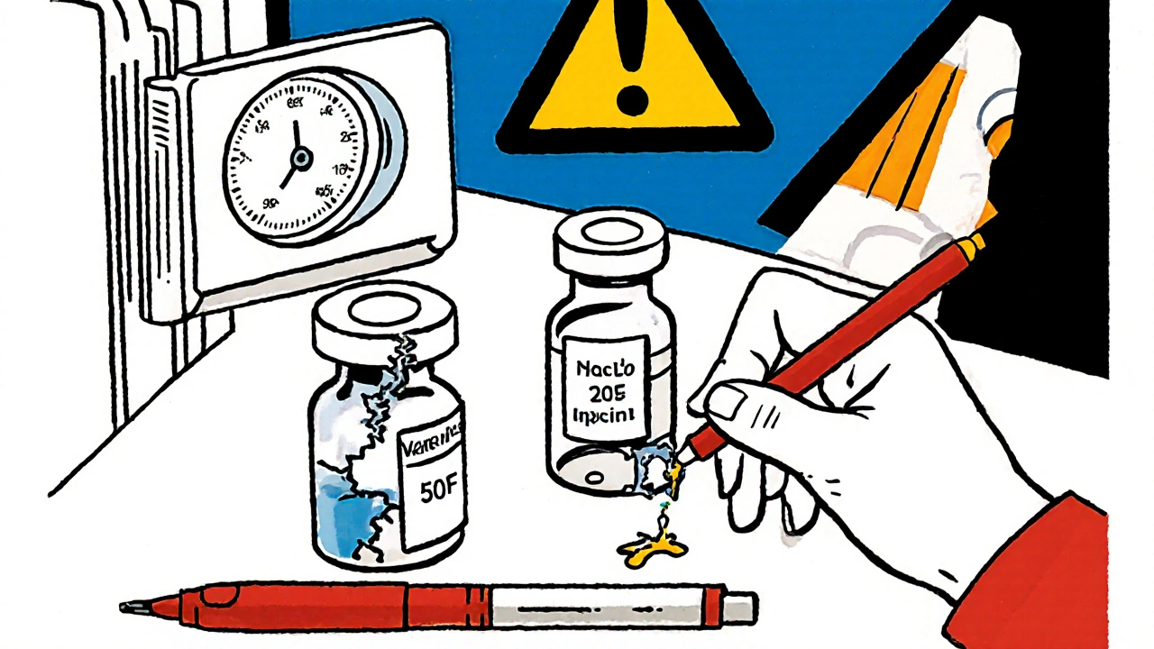 Damaged insulin on counter with date marked on new pen, warning icon above in Bauhaus style.