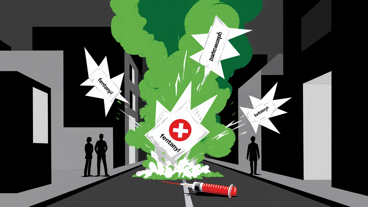 Dark alley with exploding fentanyl packets and a discarded naloxone syringe